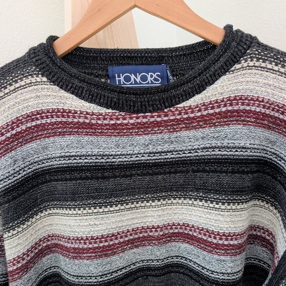 Vintage Striped Textured Patterned Crewneck In Sweater In Dark Gray/Burgundy - Picture 4 of 8